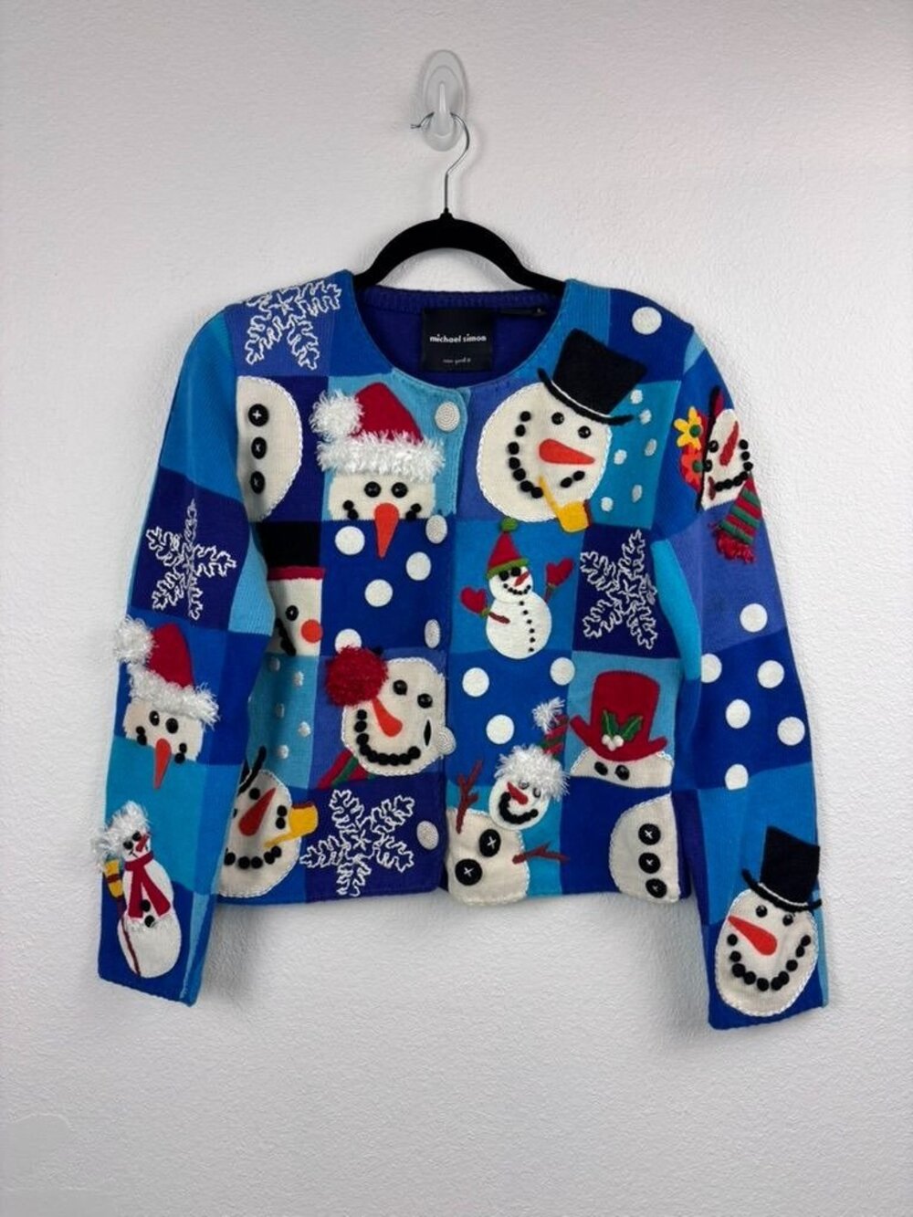 Vintage Michael Simon women's small blue snowman holiday sweater cardigan